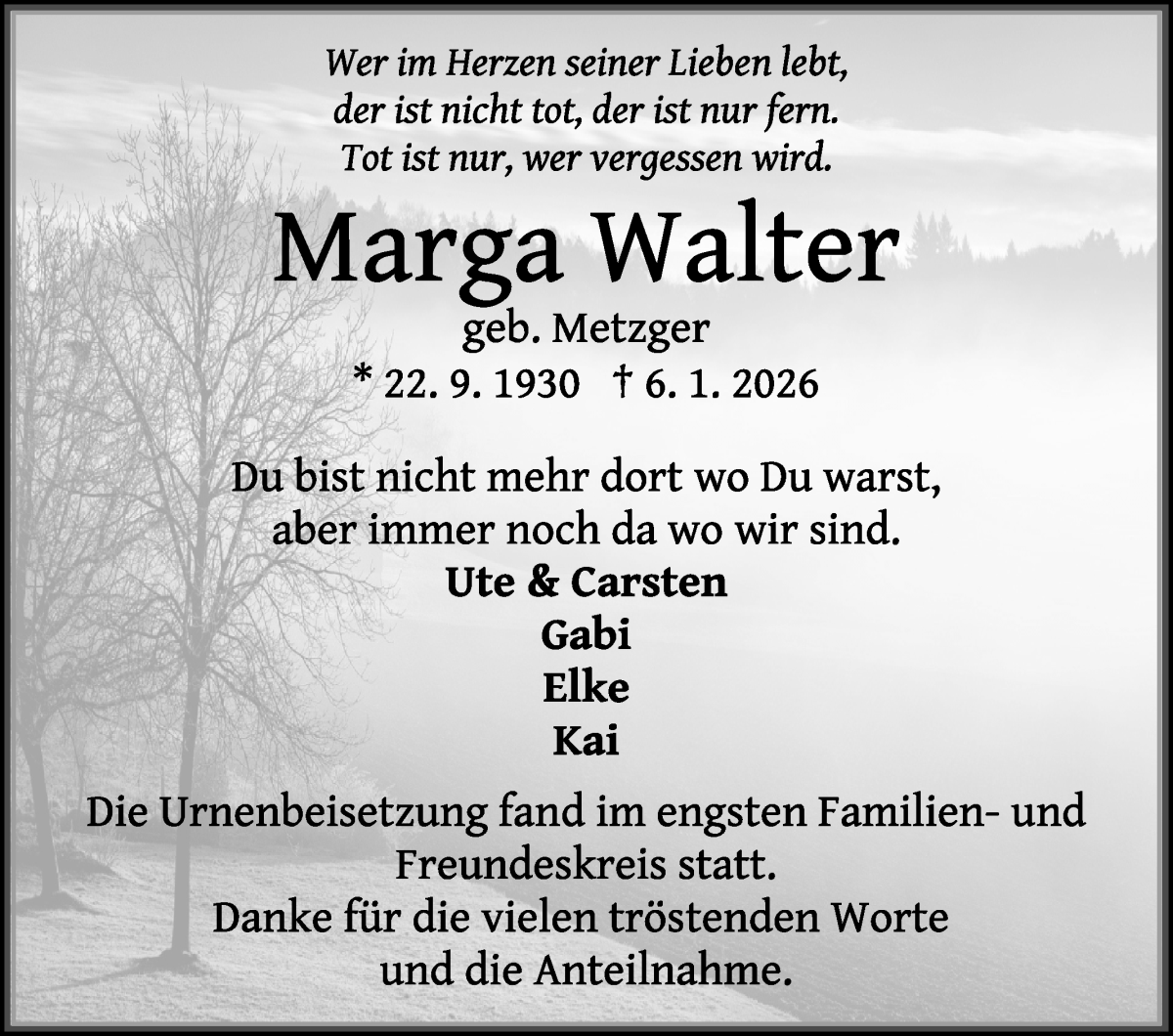 Traueranzeige von Marga Walter von Die Norddeutsche