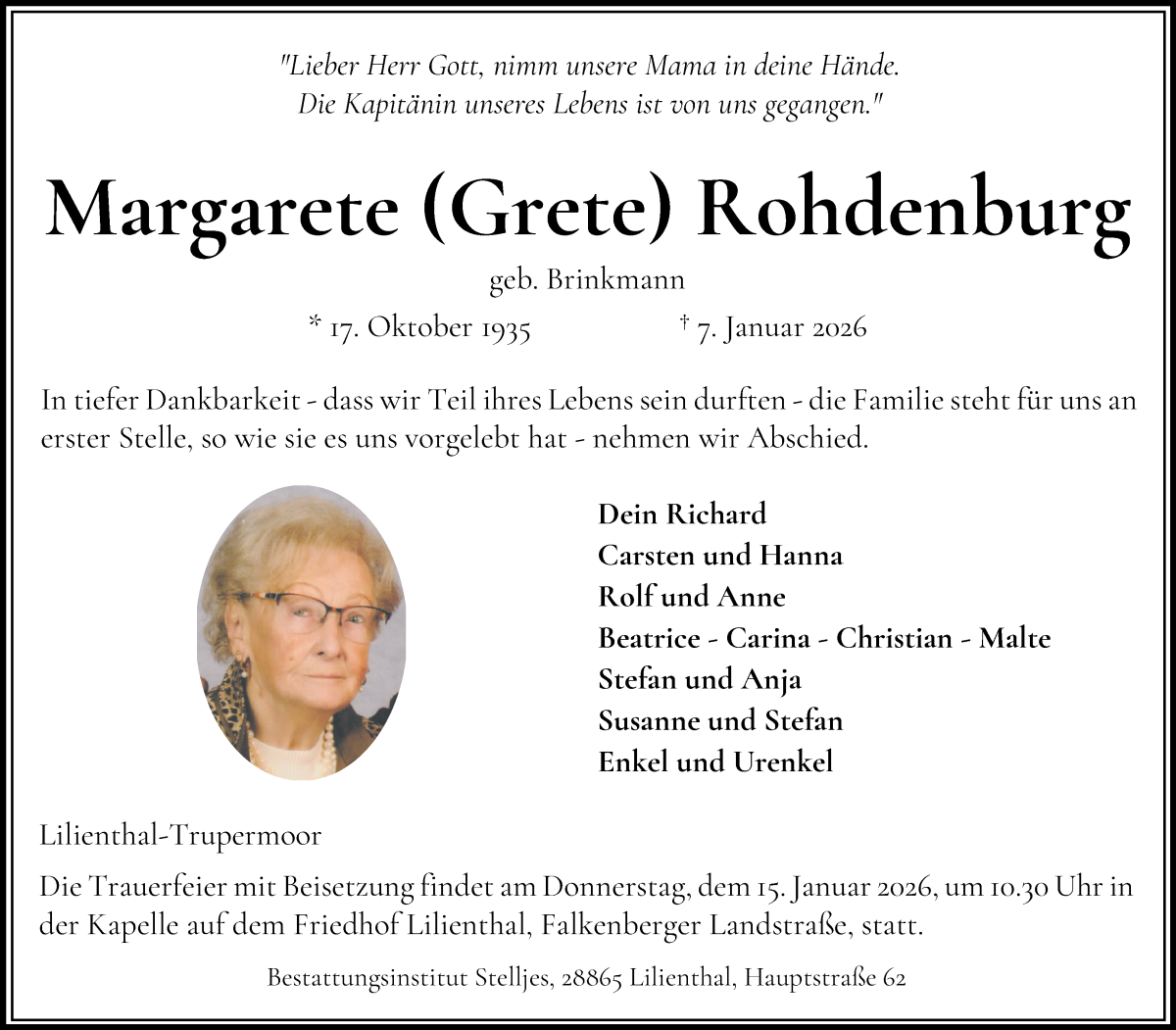 Traueranzeige von Margarete Rohdenburg von Wuemme Zeitung