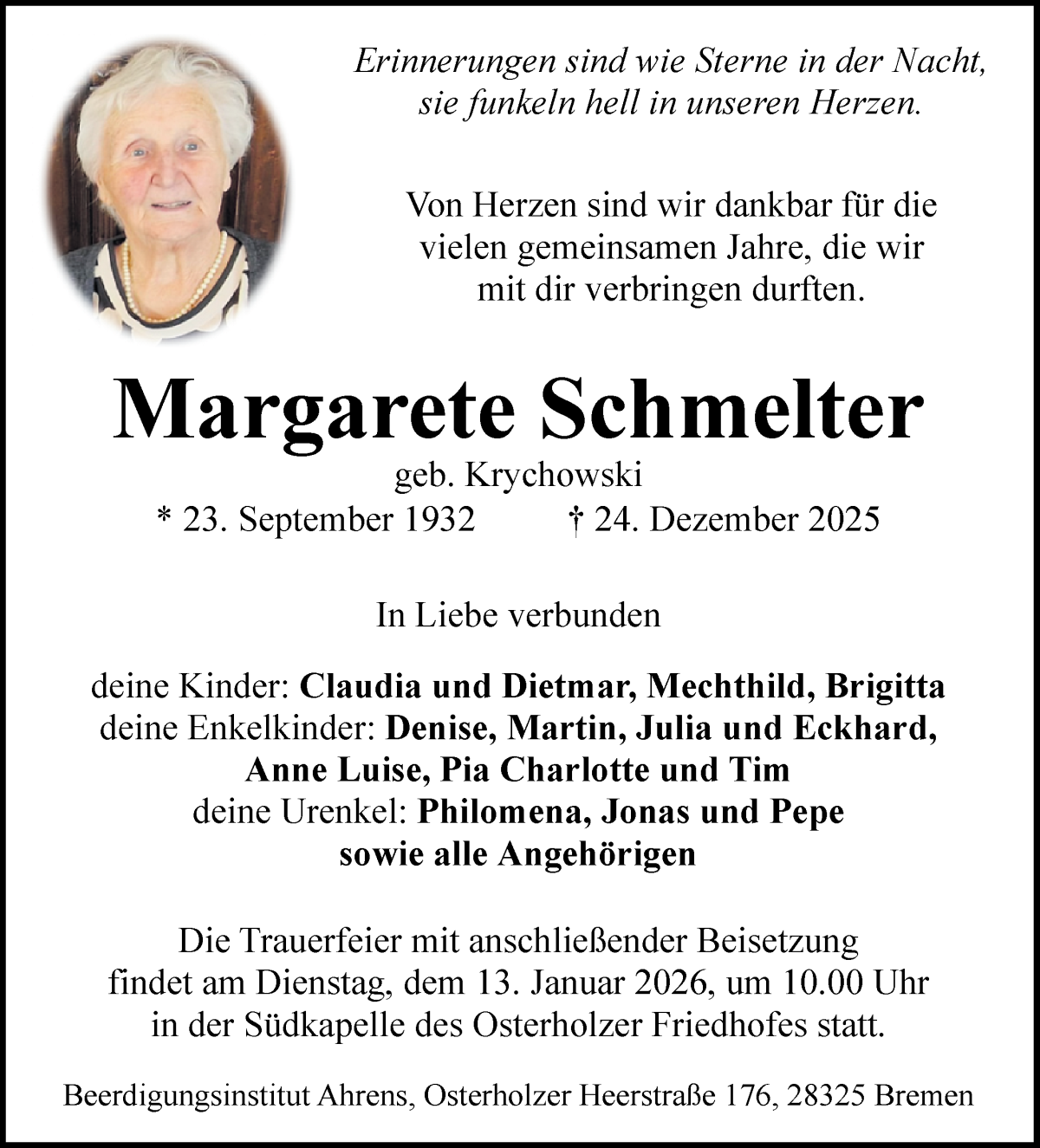 Traueranzeige von Margarete Schmelter von WESER-KURIER