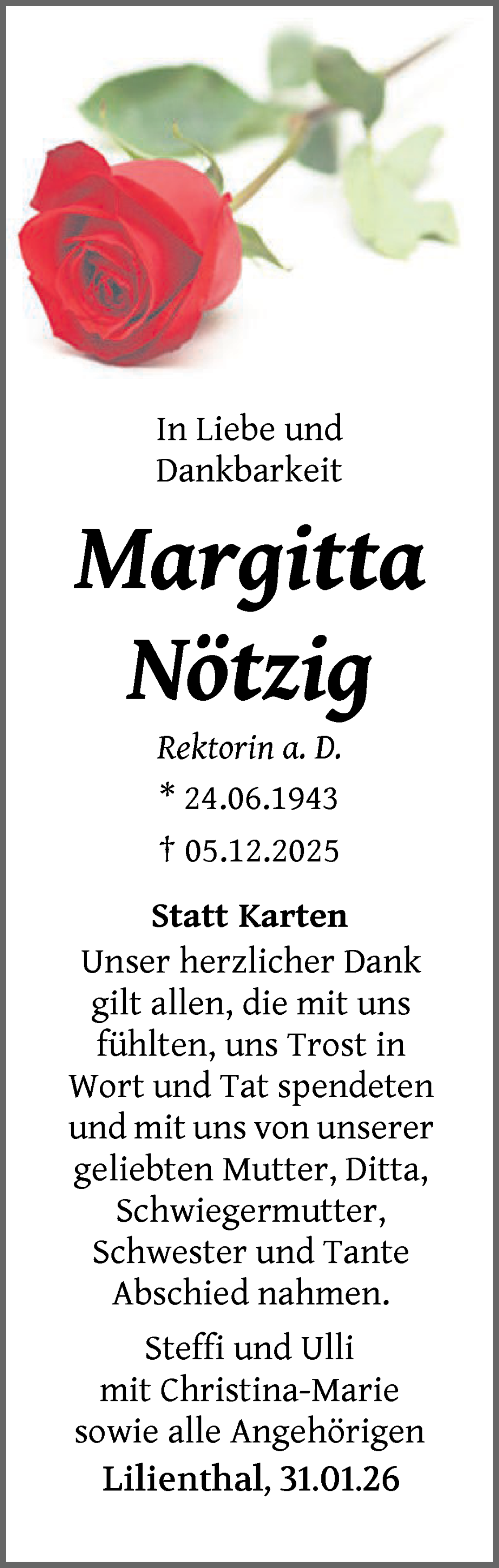 Traueranzeige von Margitta Nötzig von Osterholzer Kreisblatt