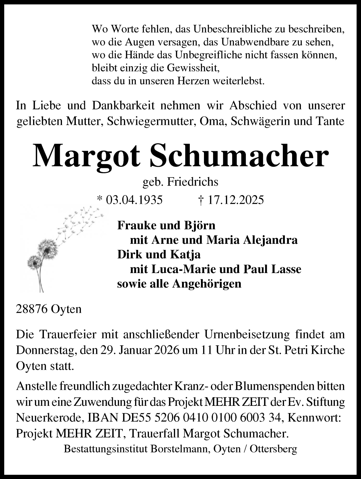 Traueranzeige von Margot Schumacher von Achimer Kurier/Verdener Nachrichten