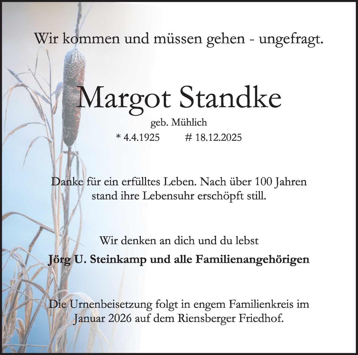  Traueranzeige für Margot Standke vom 10.01.2026 aus WESER-KURIER