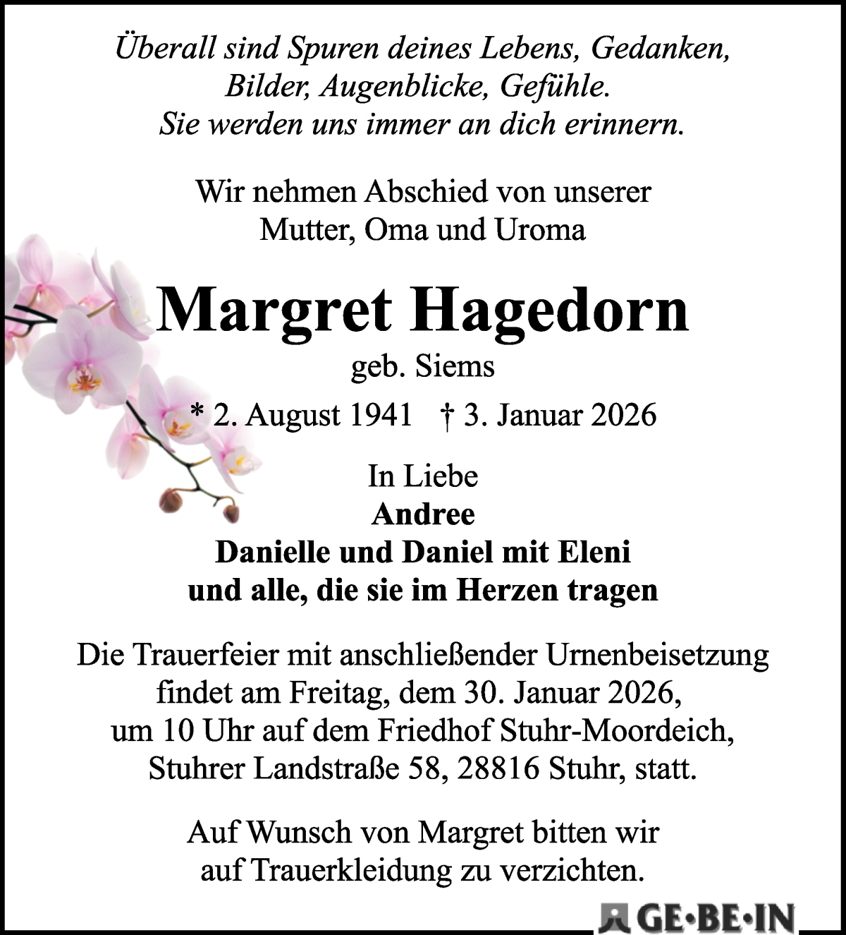  Traueranzeige für Margret Hagedorn vom 17.01.2026 aus WESER-KURIER