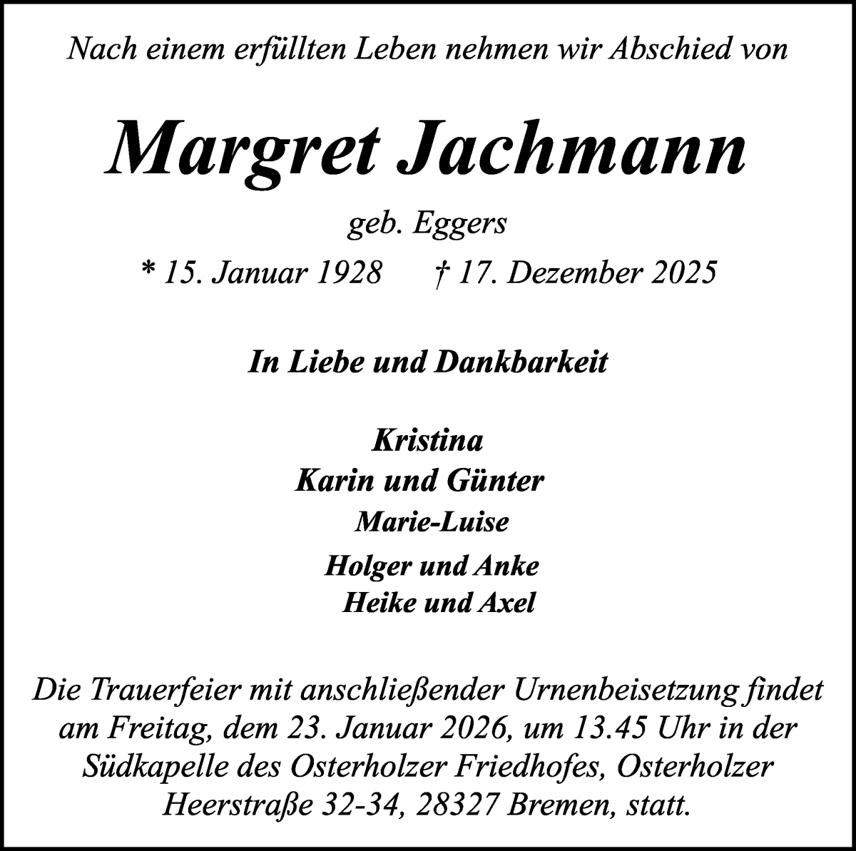 Traueranzeige von Margret Jachmann von WESER-KURIER