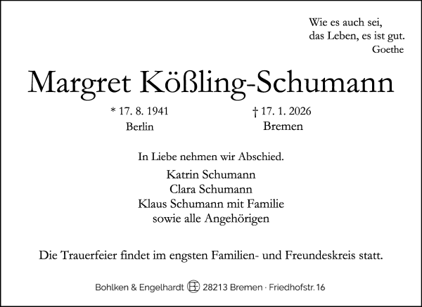 Traueranzeige von Margret Kobling-Schumann von WESER-KURIER