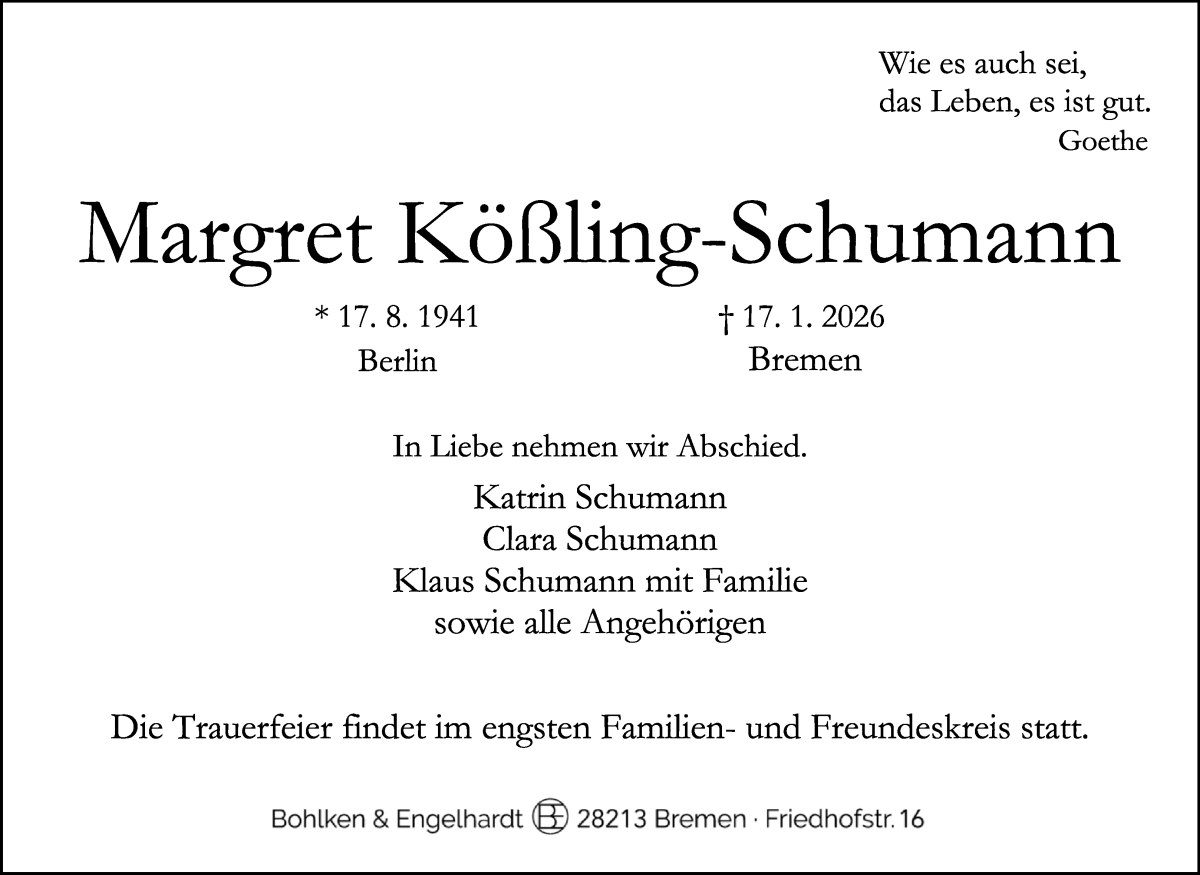 Traueranzeige von Margret Kobling-Schumann von WESER-KURIER