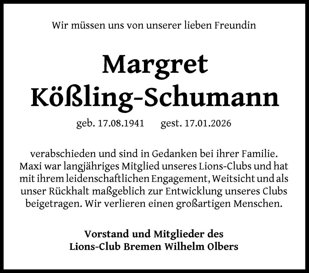 Traueranzeige von Margret Kößling-Schumann von WESER-KURIER