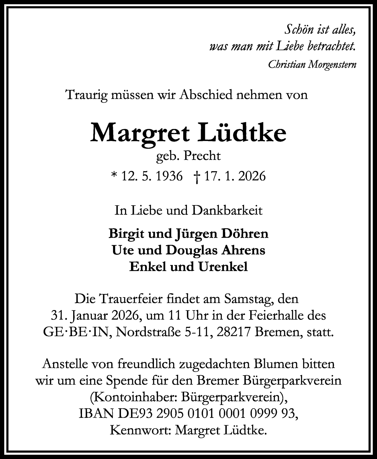 Traueranzeige von Margret Lüdtke von WESER-KURIER