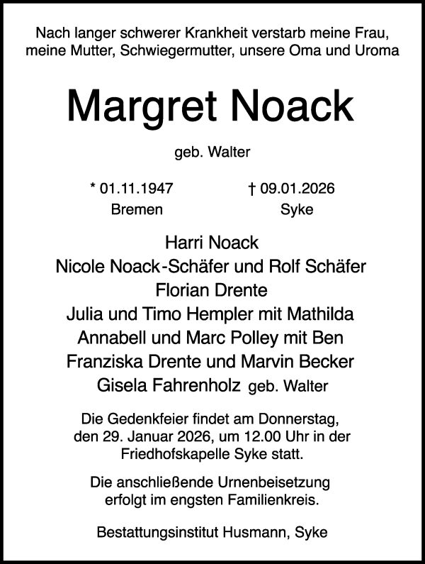 Traueranzeige von Margret Noack von Regionale Rundschau/Syker Kurier