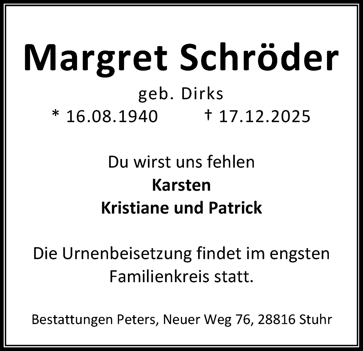 Traueranzeige von Margret Schröder von WESER-KURIER