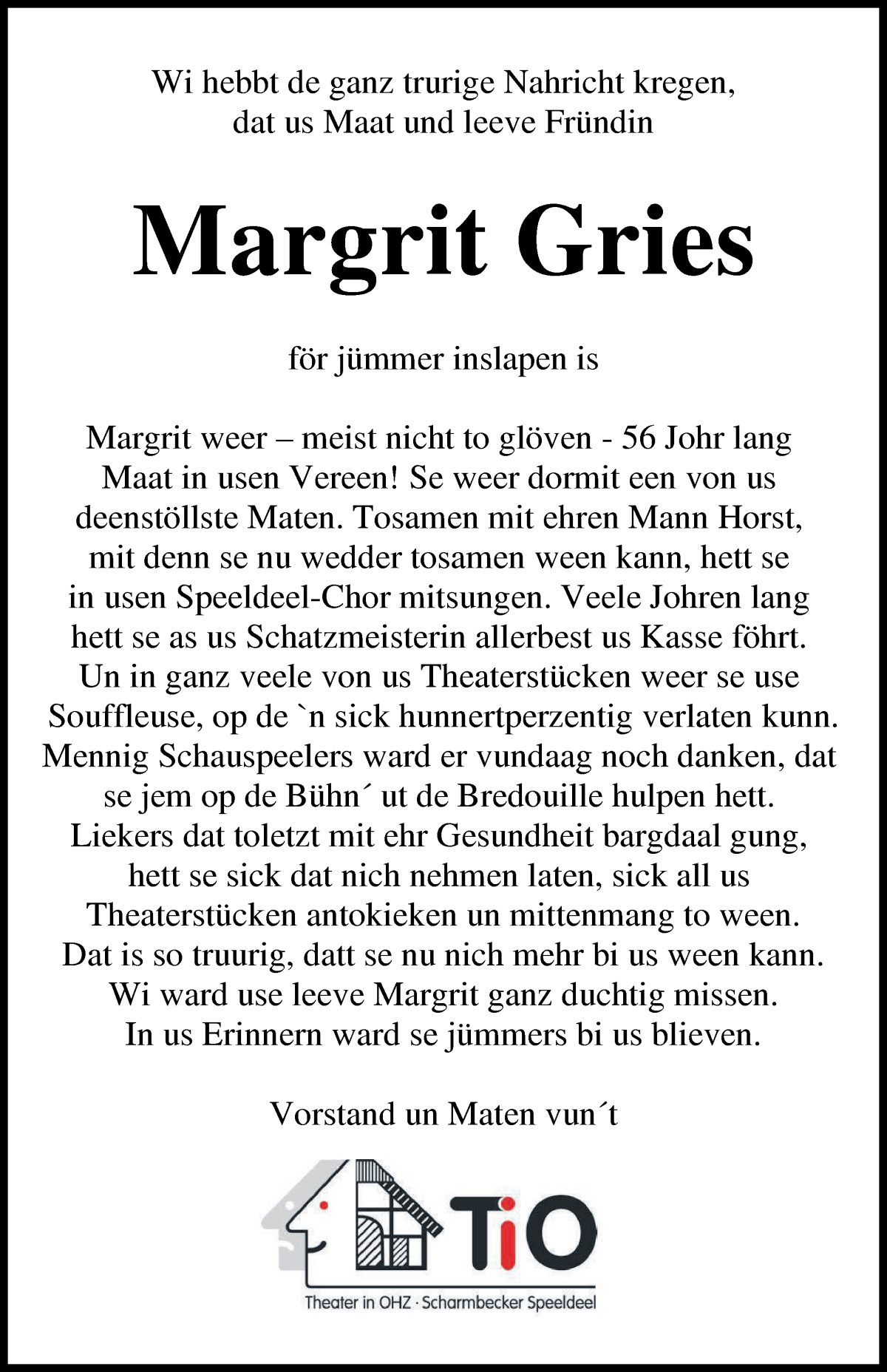 Traueranzeige von Margrit Gries von Osterholzer Kreisblatt