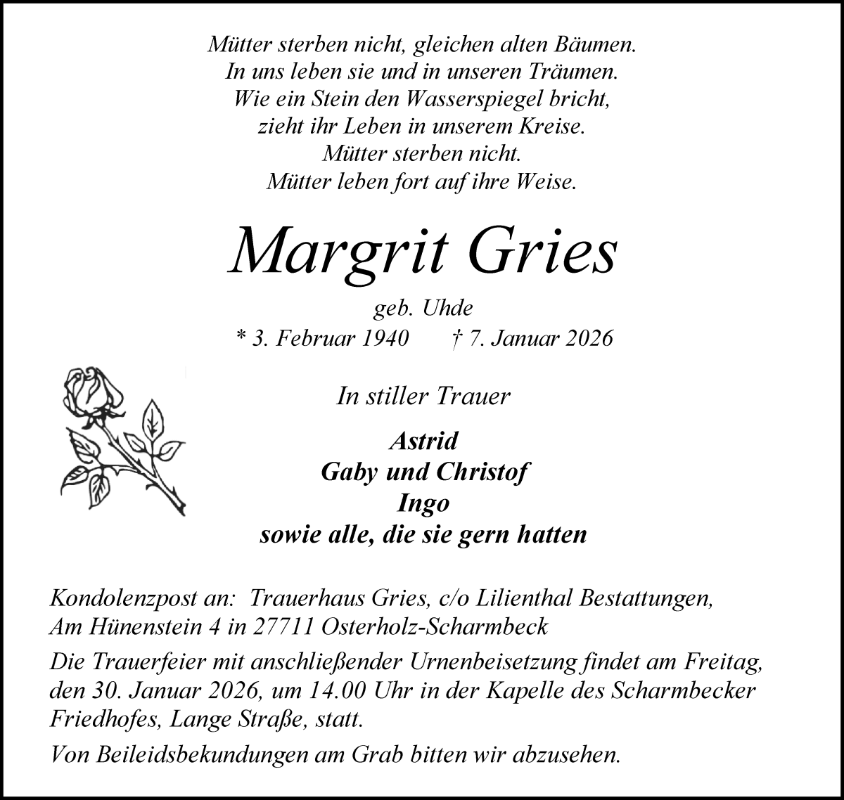Traueranzeige von Margrit Gries von Osterholzer Kreisblatt