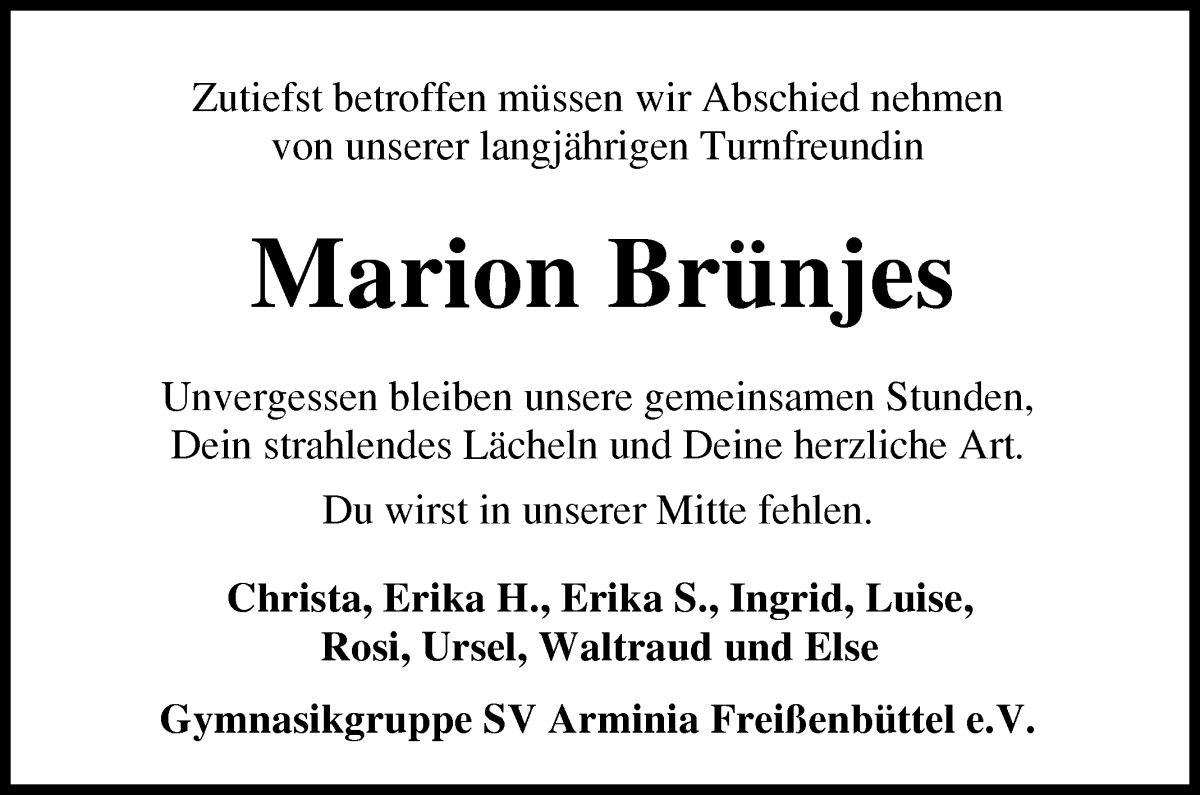 Traueranzeige von Marion Brünjes von Osterholzer Kreisblatt