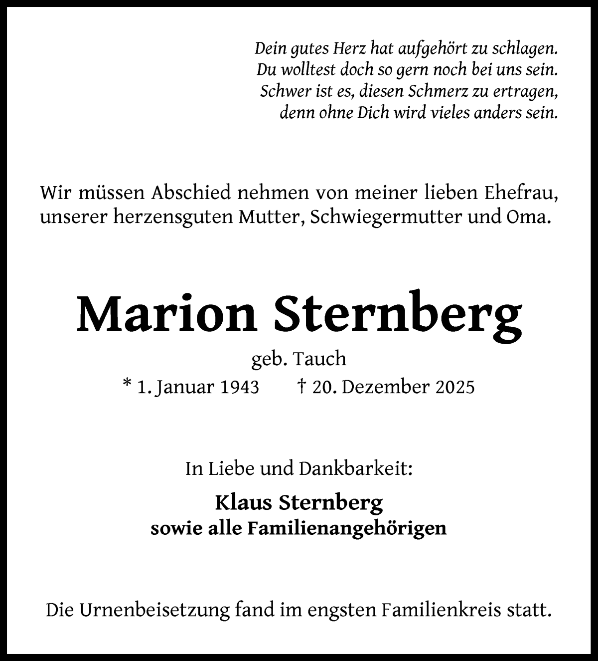 Traueranzeige von Marion Sternberg von WESER-KURIER