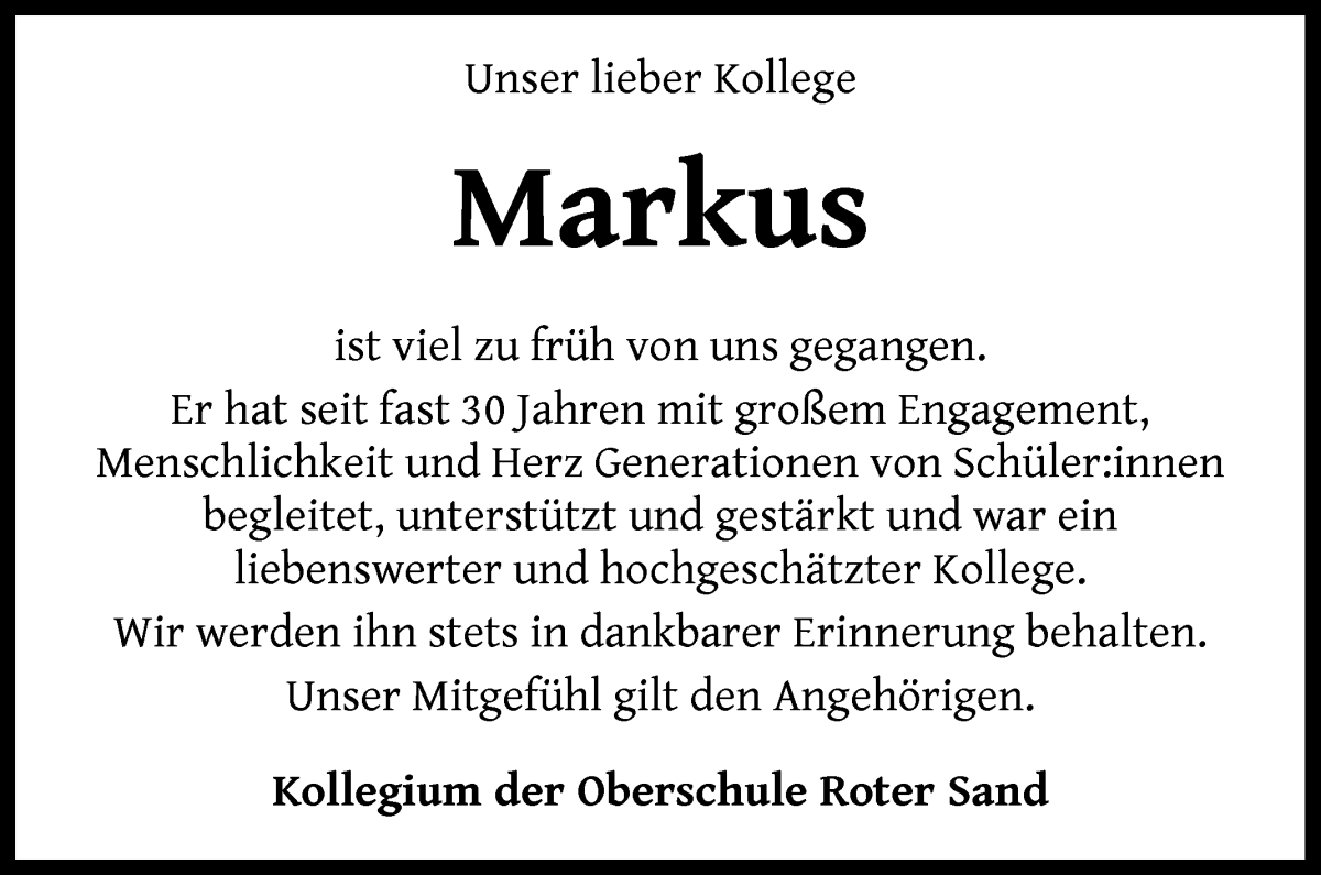 Traueranzeige von Markus Burger von WESER-KURIER