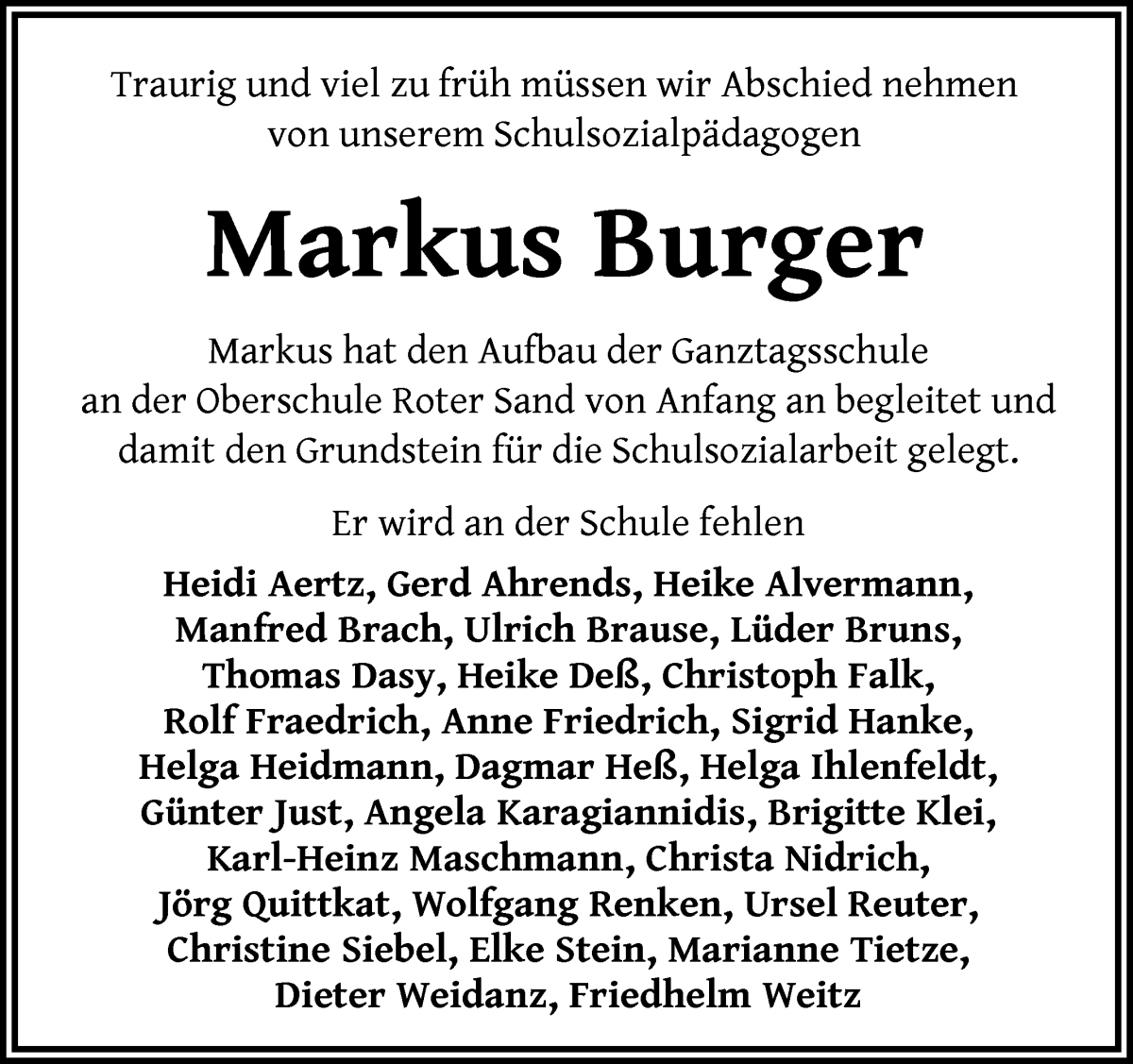 Traueranzeige von Markus Burger von WESER-KURIER