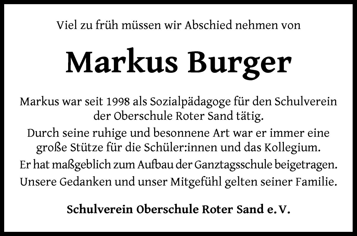 Traueranzeige von Markus Burger von WESER-KURIER