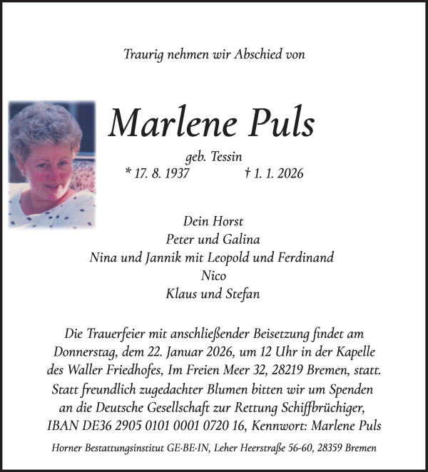 Traueranzeige von Marlene Puls von WESER-KURIER