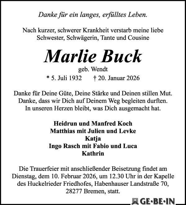 Traueranzeige von Marlie Buck von WESER-KURIER