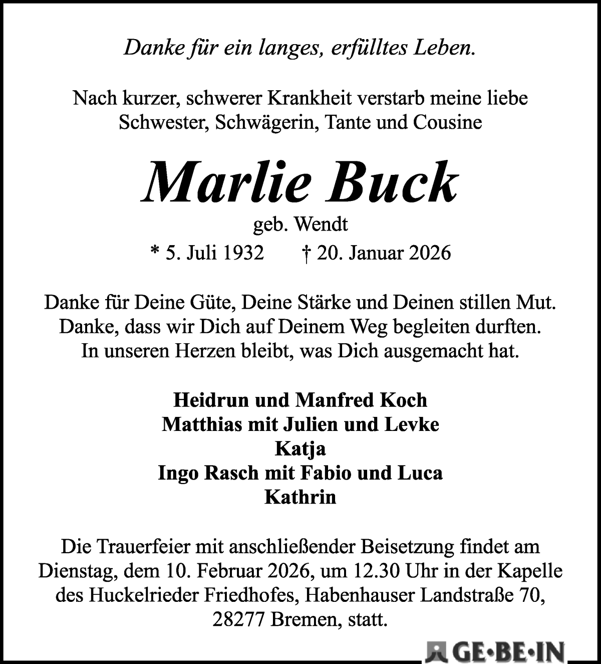  Traueranzeige für Marlie Buck vom 31.01.2026 aus WESER-KURIER