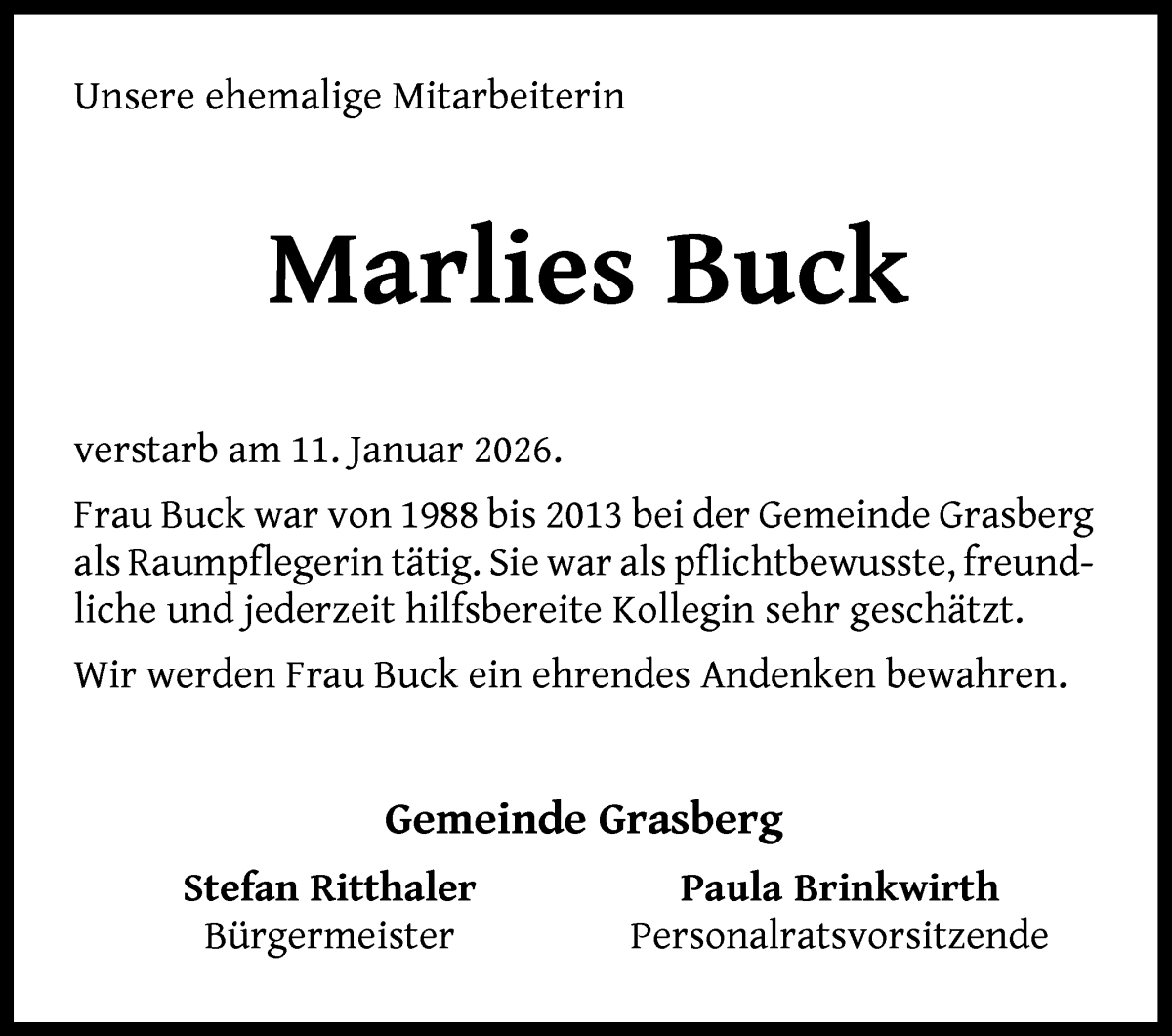 Traueranzeige von Marlies Buck von Wuemme Zeitung