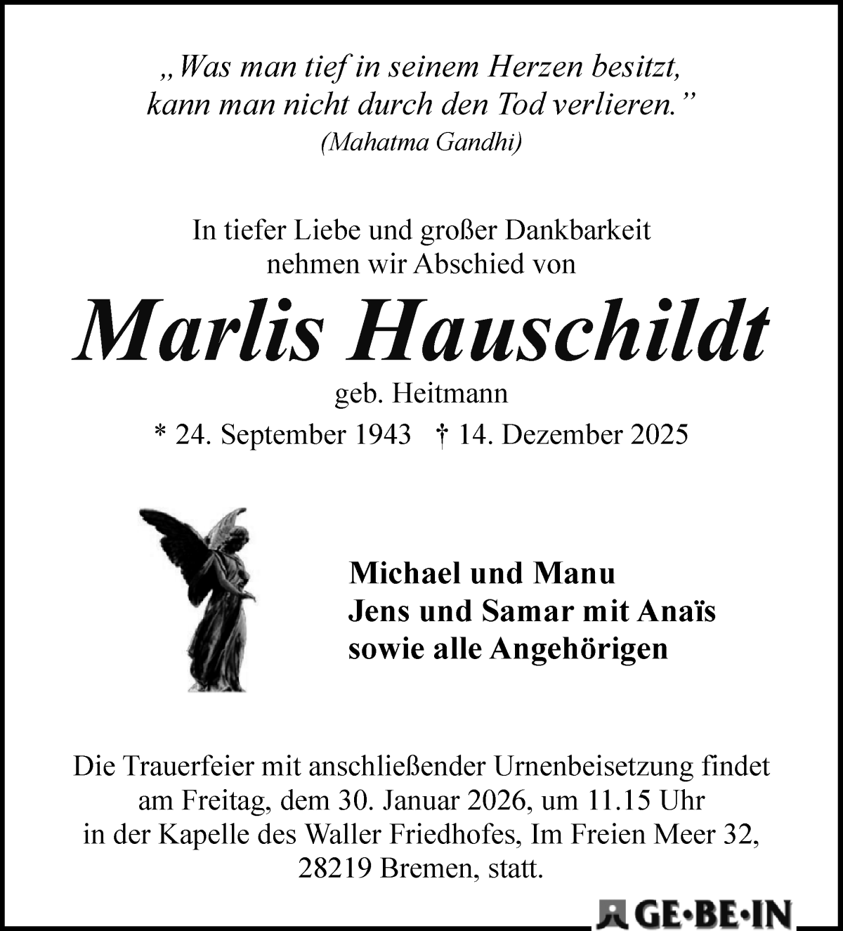  Traueranzeige für Marlis Hauschildt vom 03.01.2026 aus WESER-KURIER
