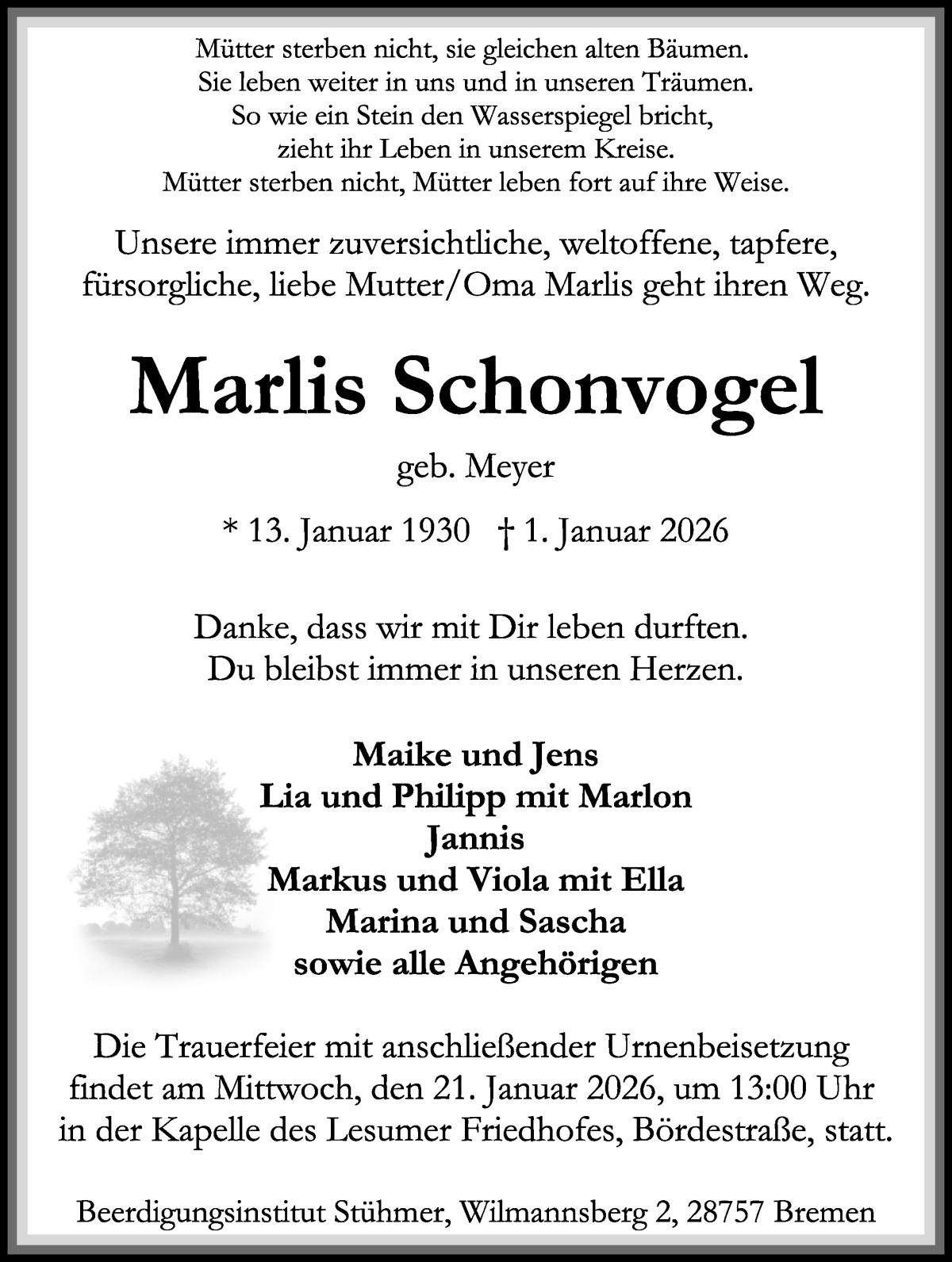 Traueranzeige von Marlis Schonvogel von Die Norddeutsche
