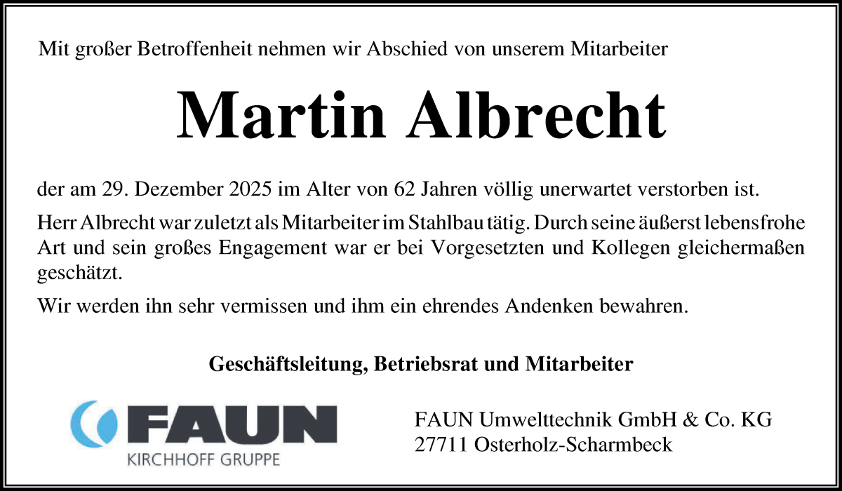 Traueranzeige von Martin Albrecht von Osterholzer Kreisblatt
