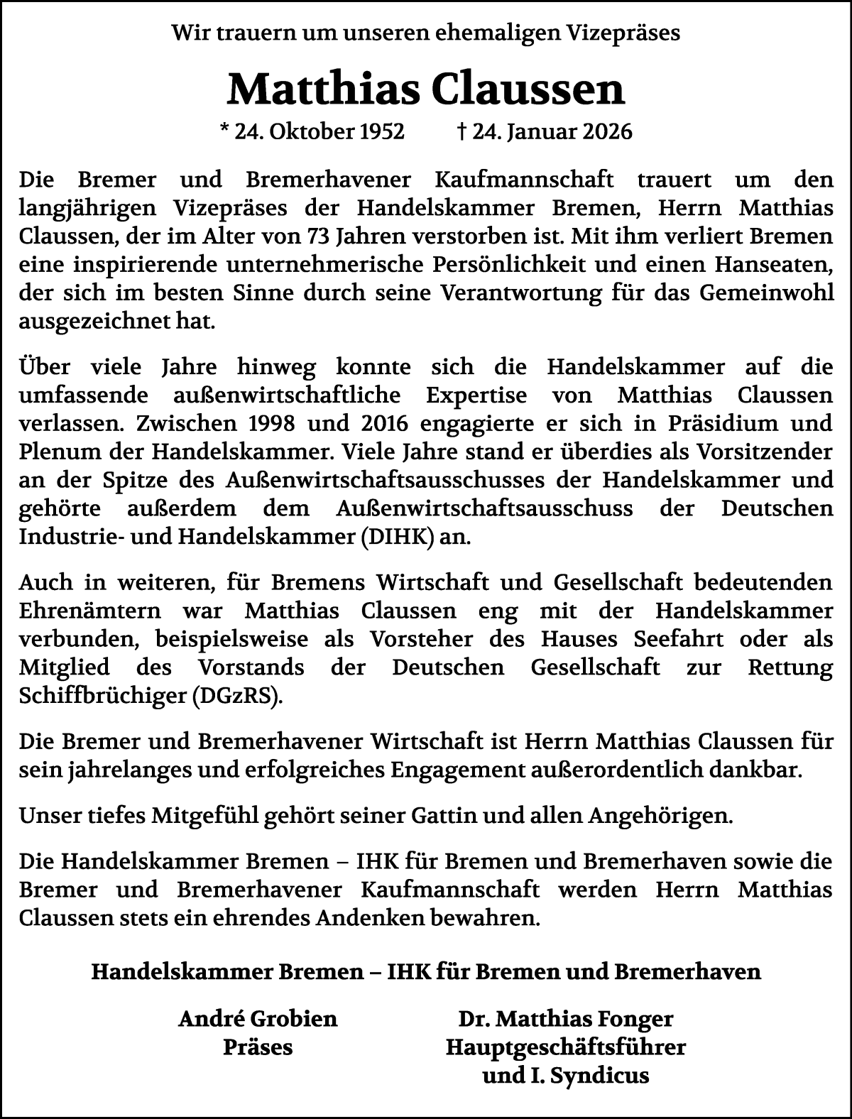 Traueranzeige von Matthias Claussen von WESER-KURIER