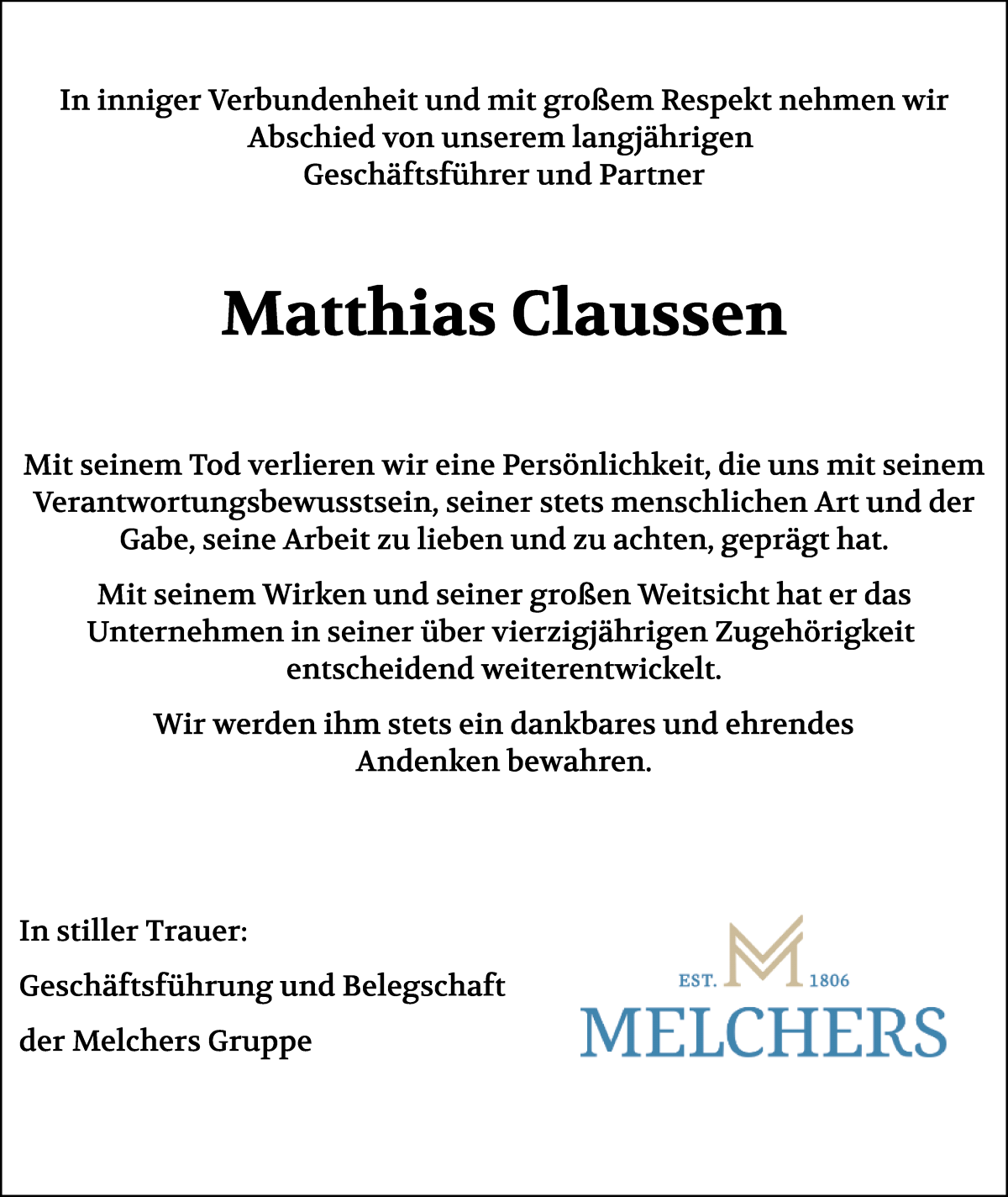 Traueranzeige von Matthias Claussen von WESER-KURIER