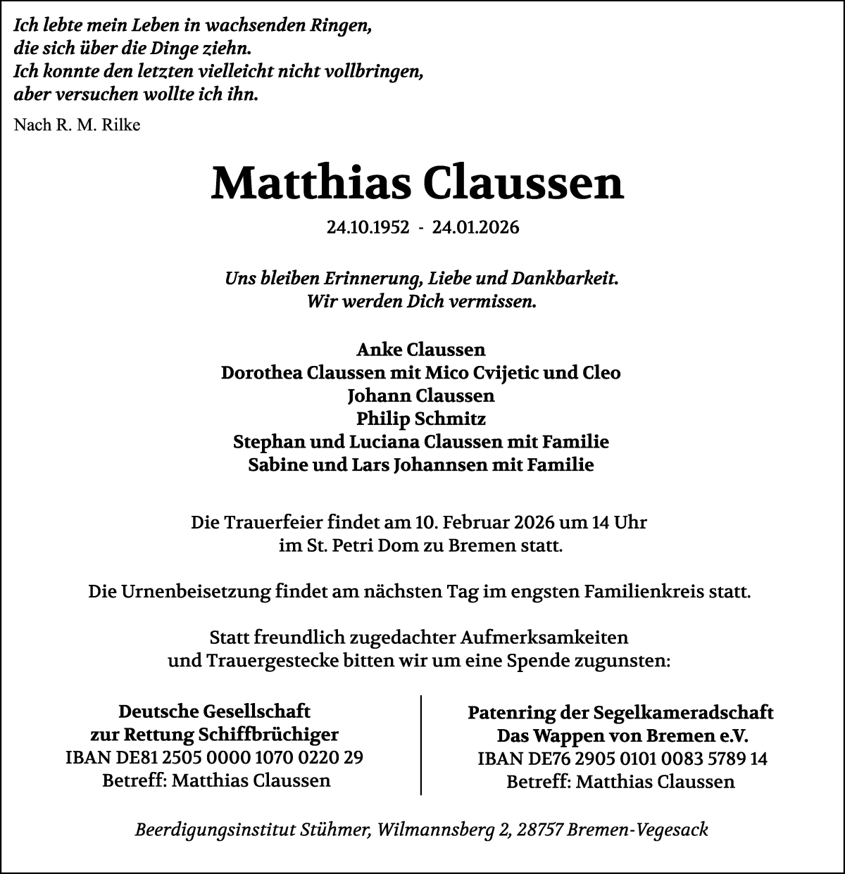 Traueranzeige von Matthias Claussen von Die Norddeutsche