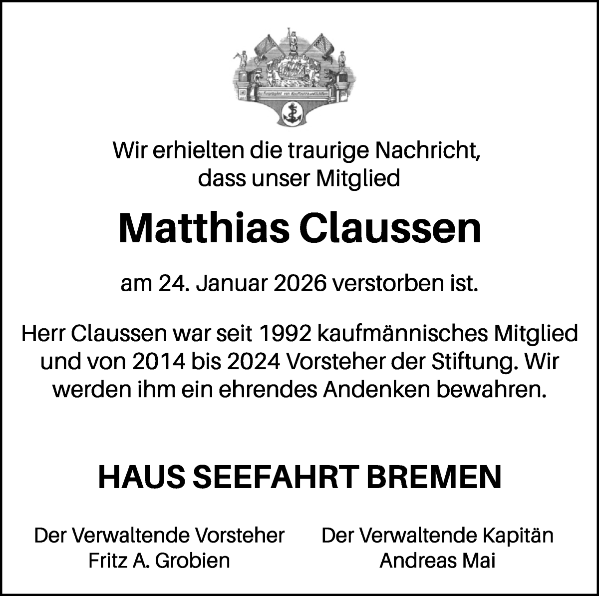 Traueranzeige von Matthias Claussen von WESER-KURIER