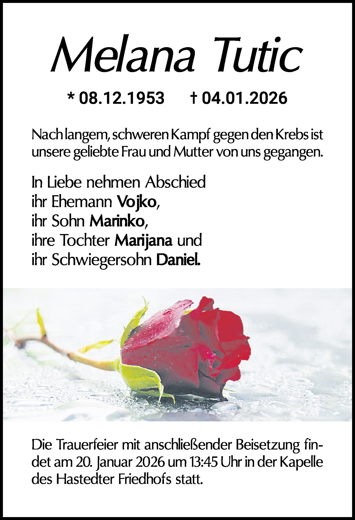 Traueranzeige von Melana Tutic von WESER-KURIER