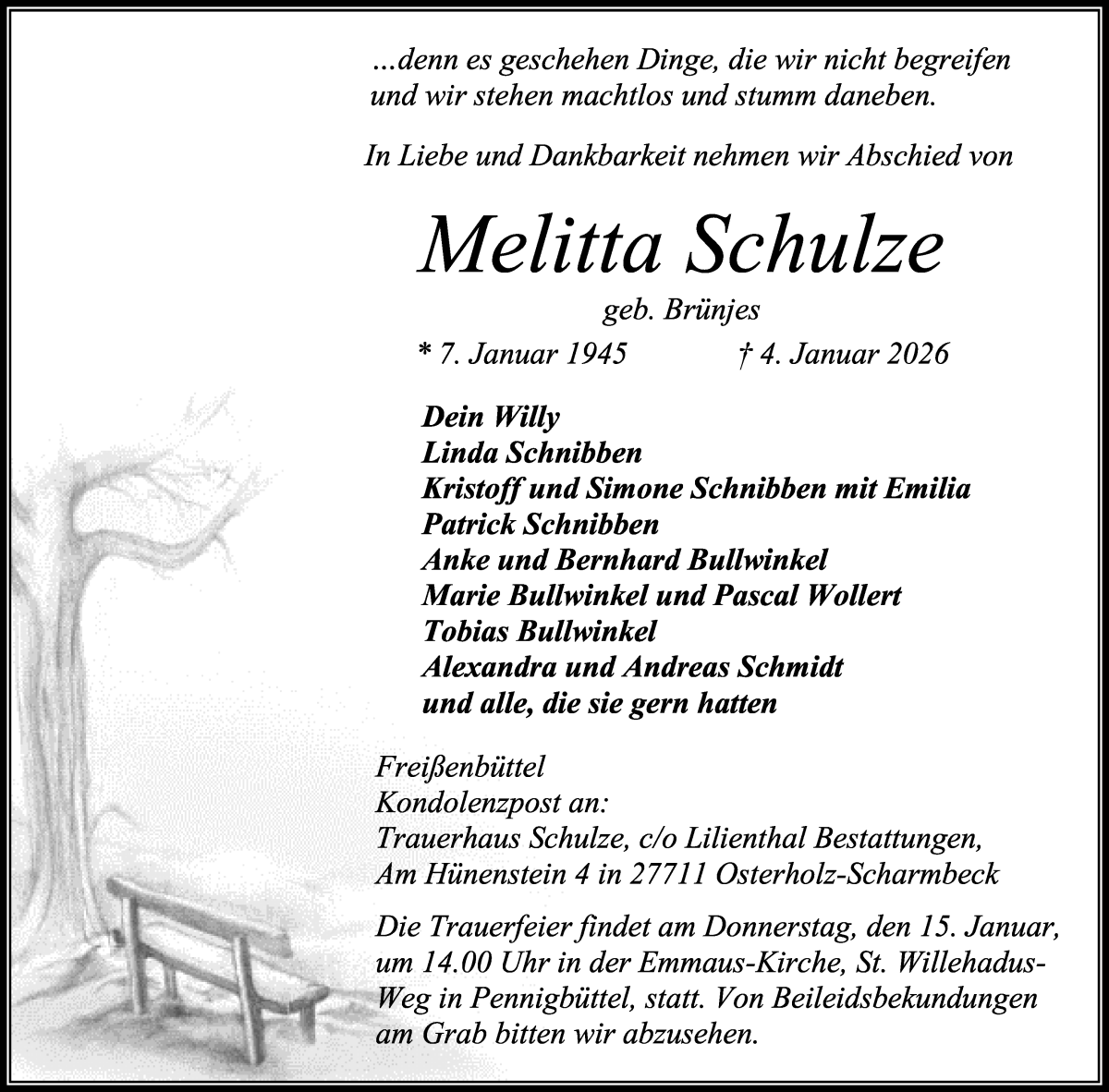 Traueranzeige von Melitta Schulze von Osterholzer Kreisblatt