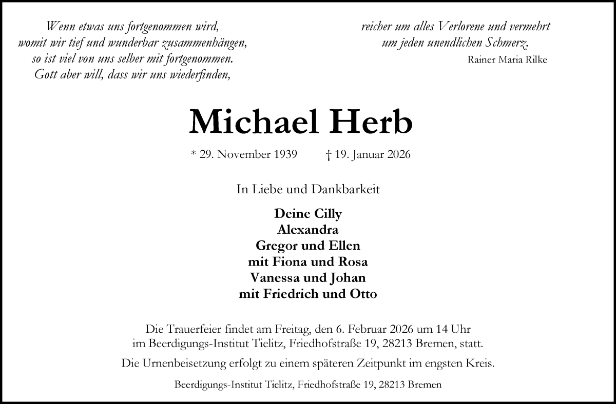 Traueranzeige von Michael Herb von WESER-KURIER