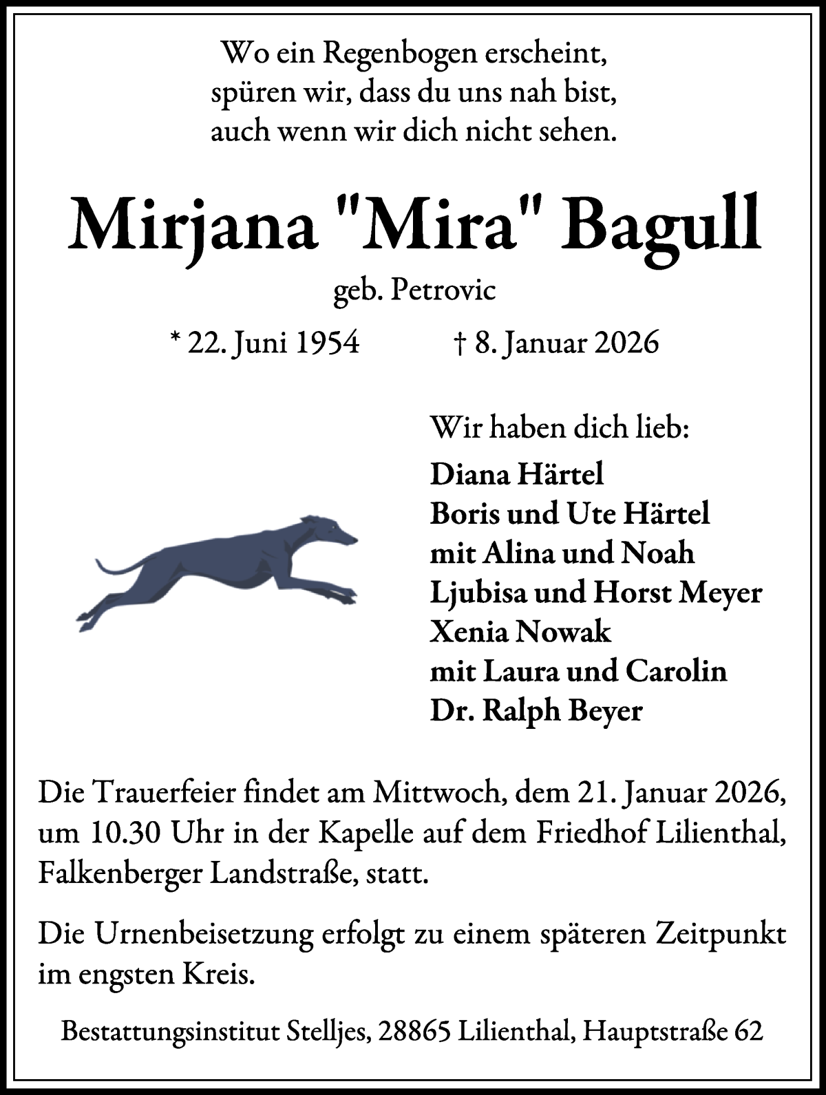 Traueranzeige von Mirjana Bagull von WESER-KURIER