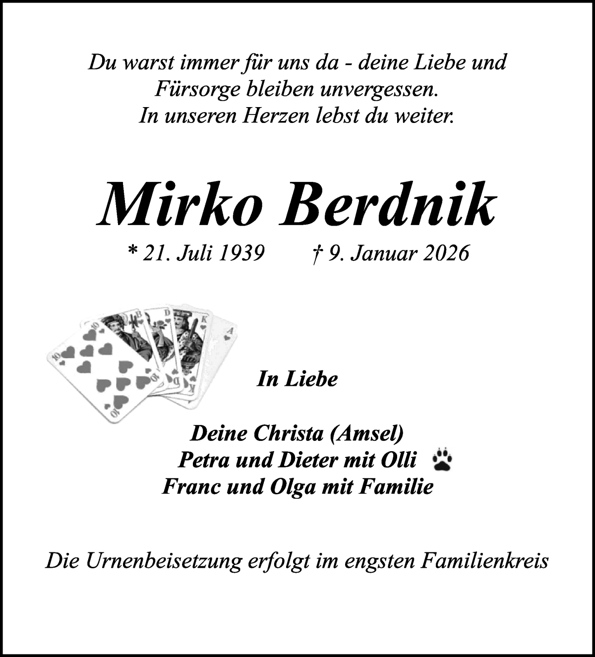  Traueranzeige für Mirko Berdnik vom 17.01.2026 aus WESER-KURIER