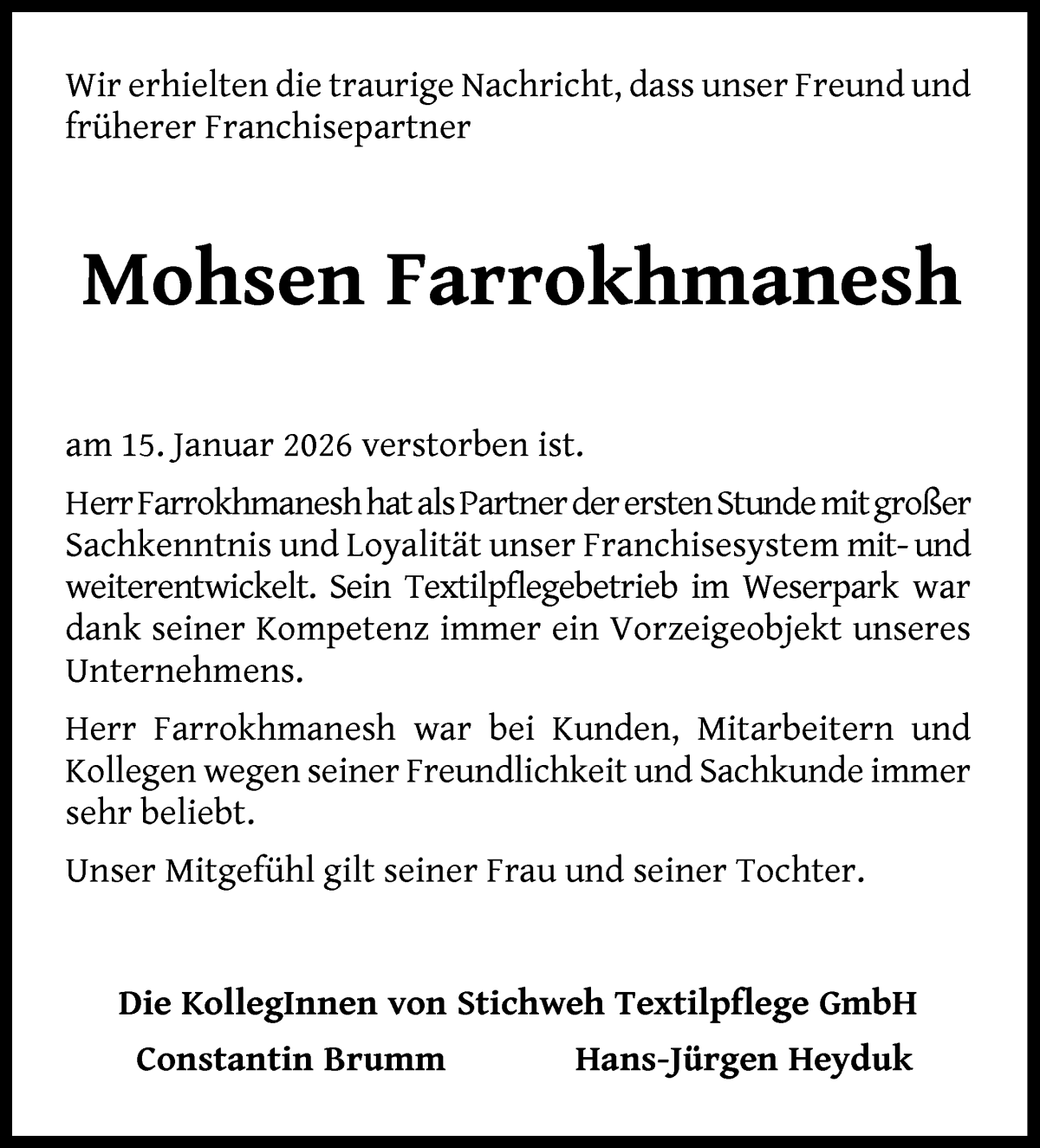 Traueranzeige von Mohsen Farrokhmanesh von WESER-KURIER