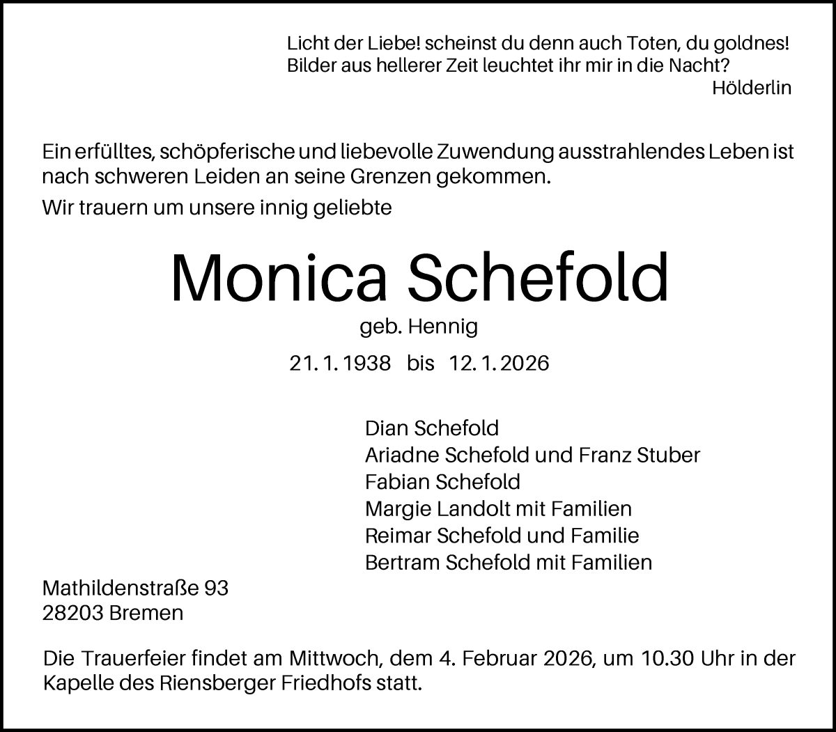 Traueranzeige von Monica Schefold von WESER-KURIER