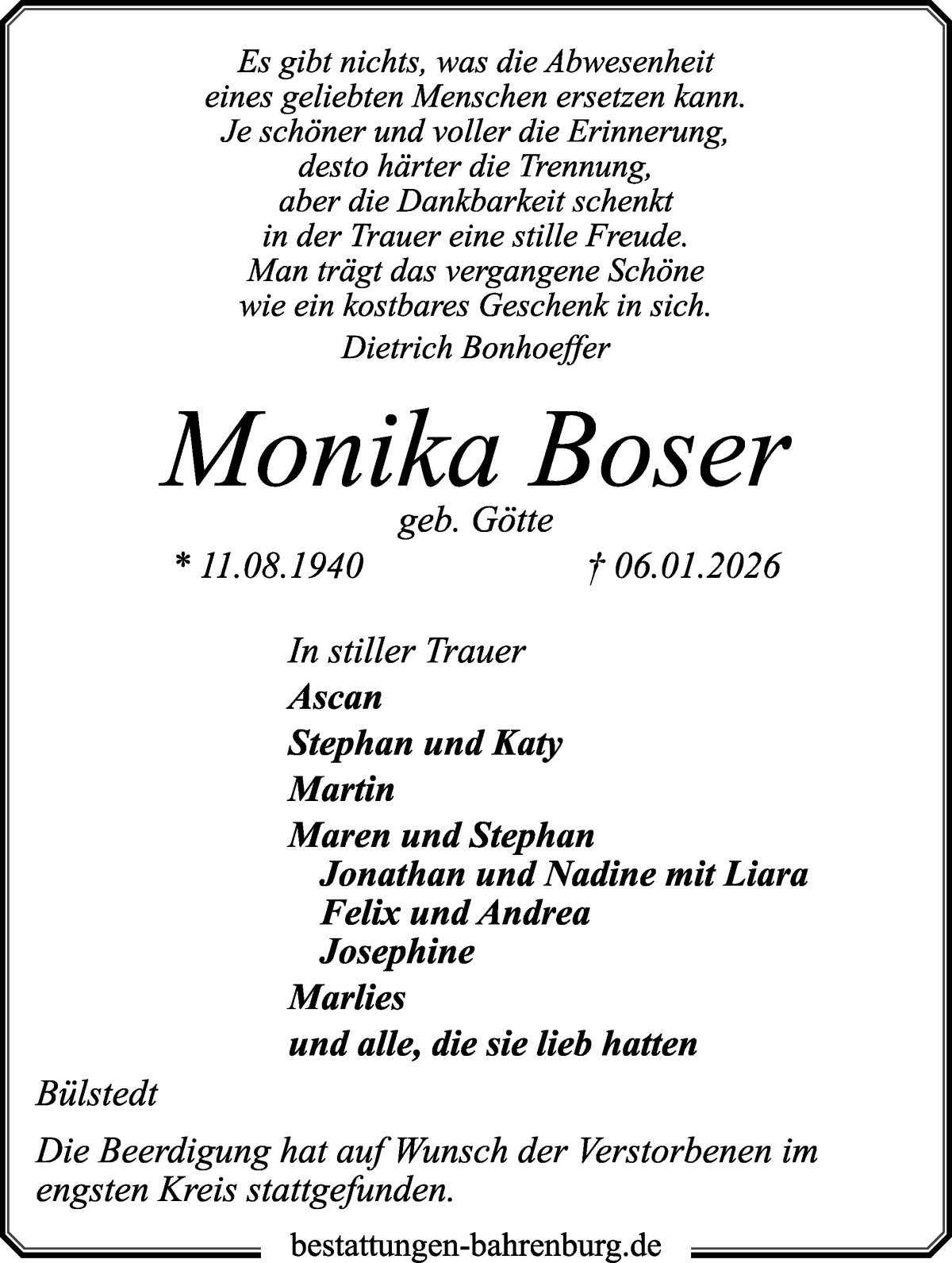 Traueranzeige von Monika Boser von WESER-KURIER