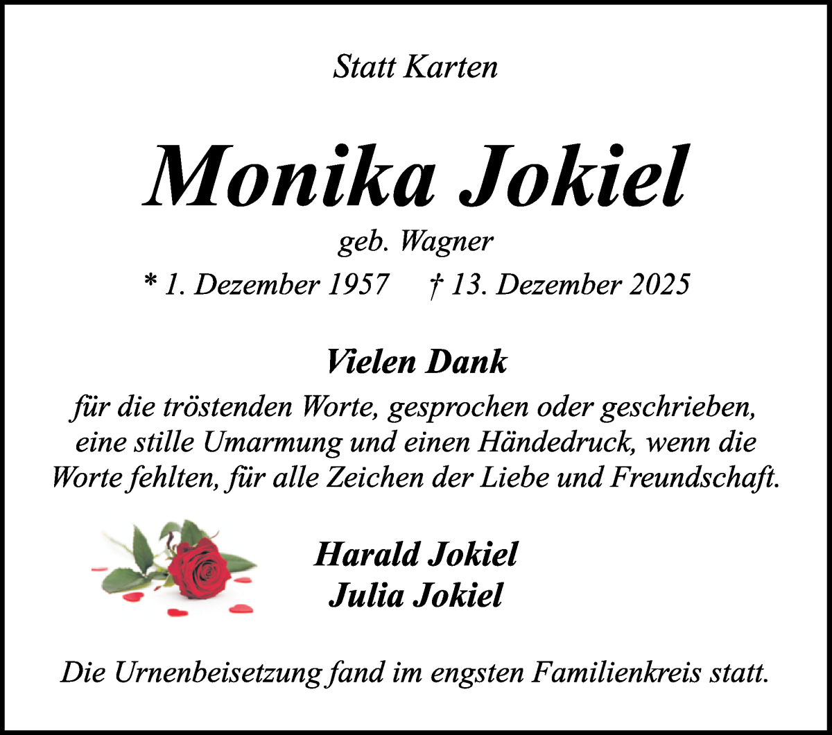  Traueranzeige für Monika Jokiel vom 17.01.2026 aus WESER-KURIER