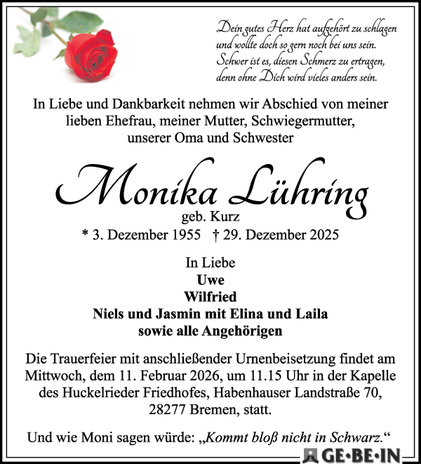 Traueranzeige von Monika Lühring von WESER-KURIER