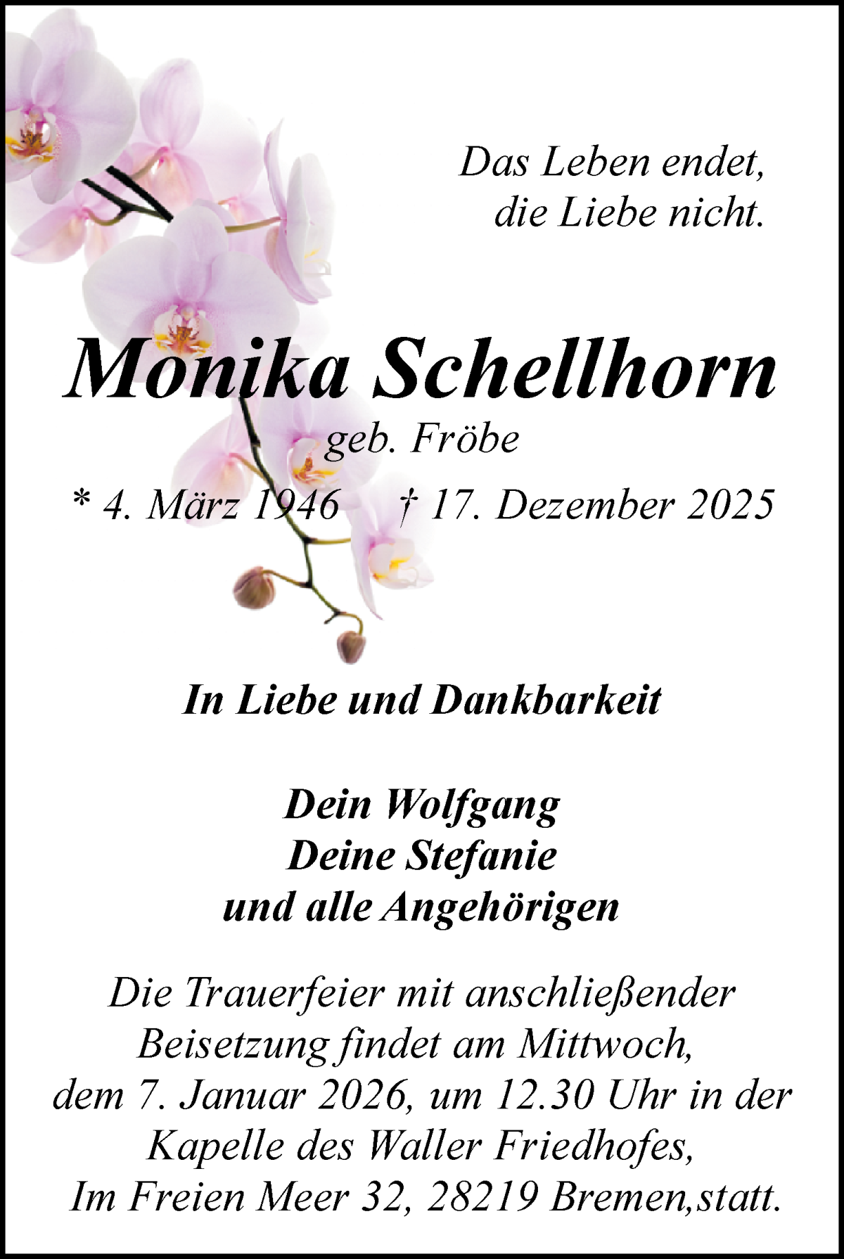  Traueranzeige für Monika Schellhorn vom 03.01.2026 aus WESER-KURIER