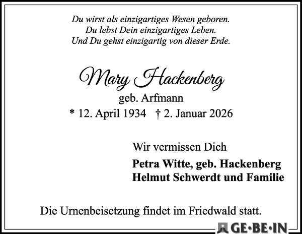 Traueranzeige von Newry Hackenberg von WESER-KURIER