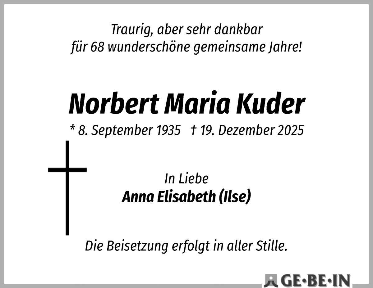 Traueranzeige von Norbert Maria Kuder von Die Norddeutsche