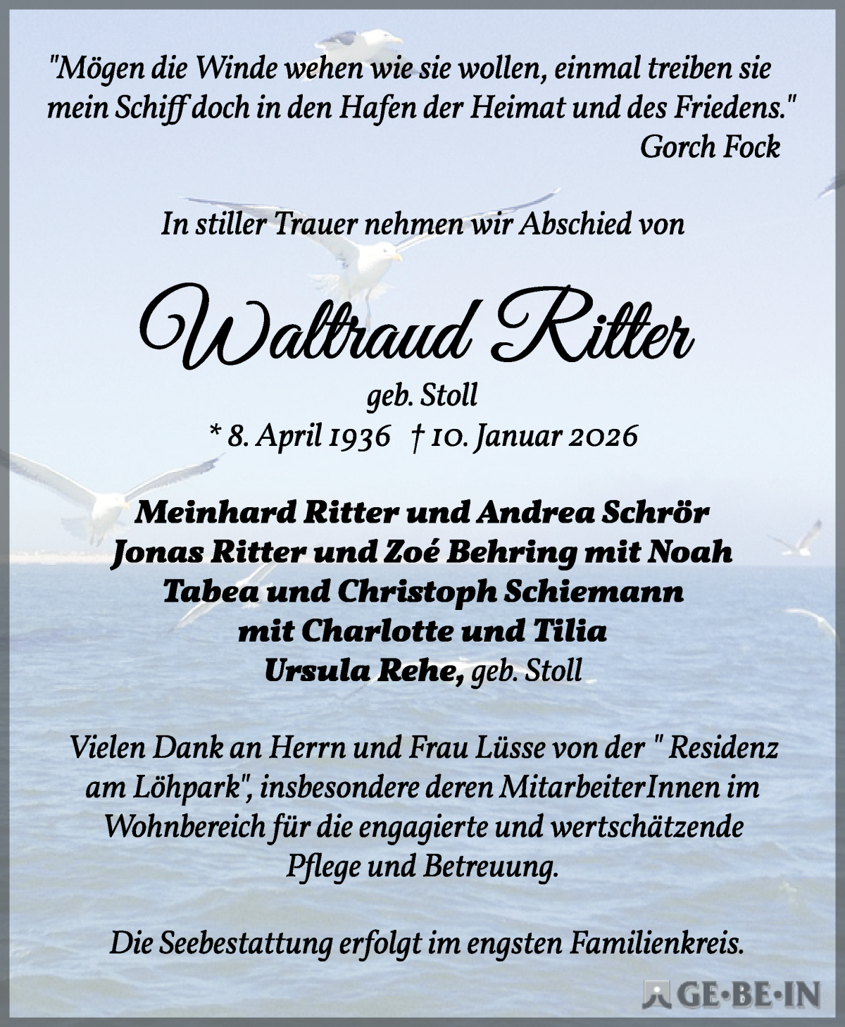 Traueranzeige von Olafbrand Ritbow von Die Norddeutsche