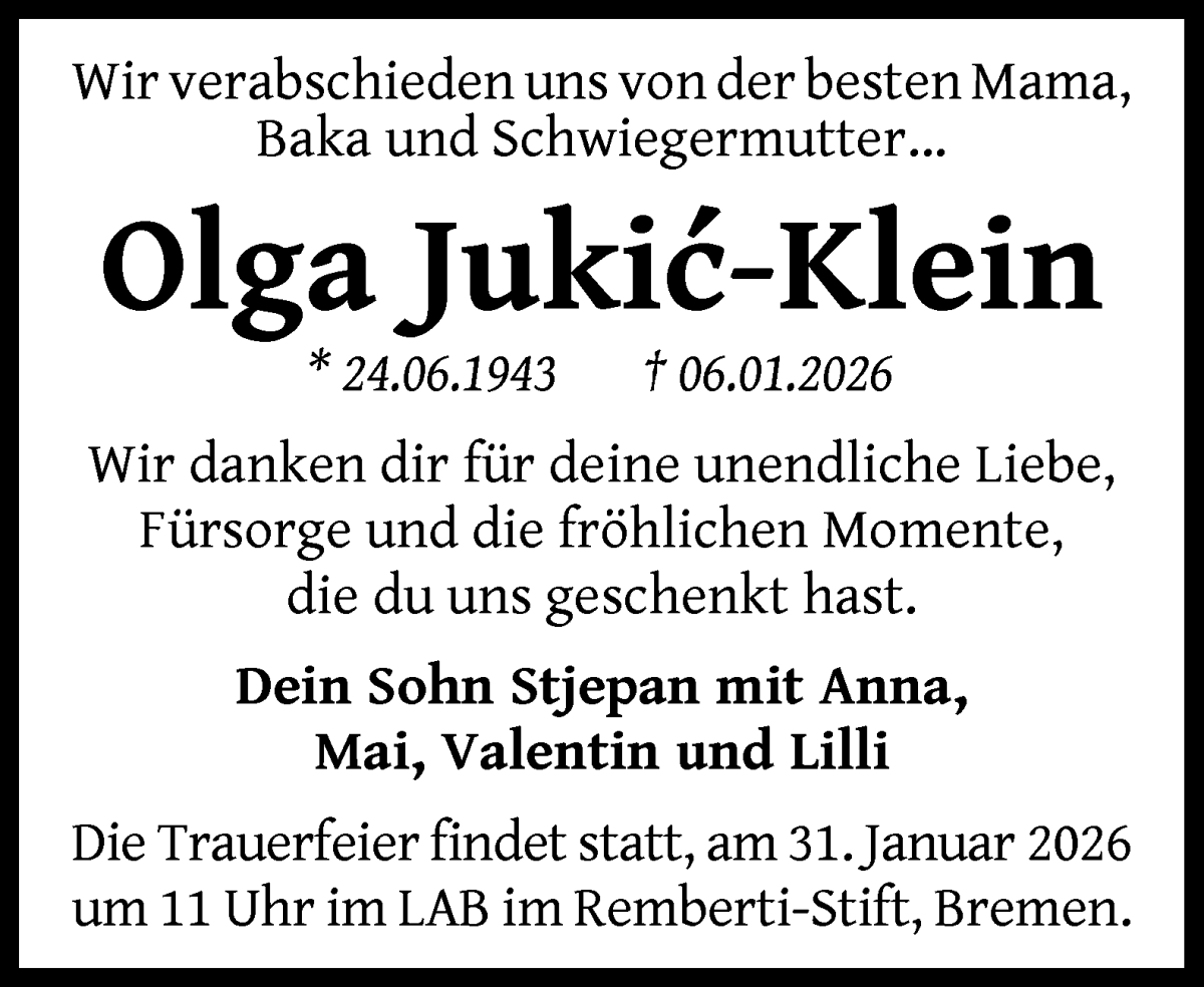 Traueranzeige von Olga Jukić-Klein von WESER-KURIER