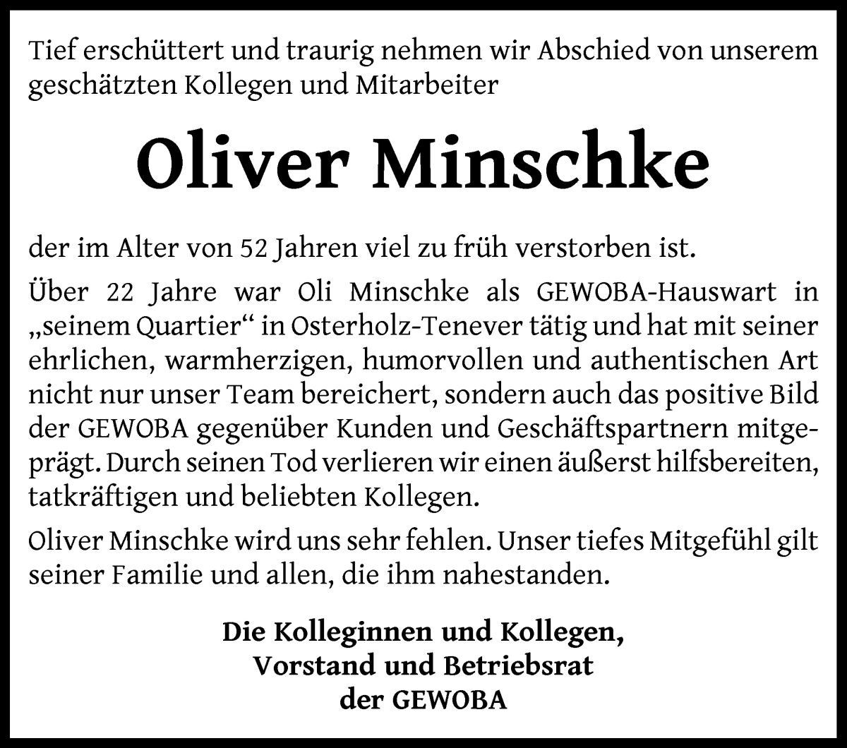  Traueranzeige für Oliver Minschke vom 10.01.2026 aus WESER-KURIER