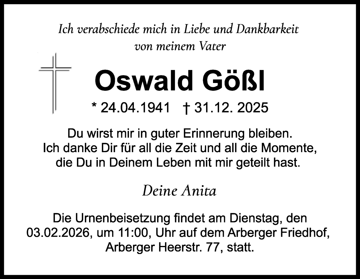 Traueranzeige von Oswald Goßl von WESER-KURIER
