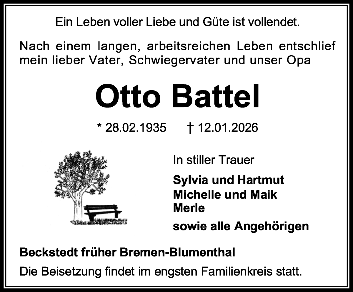 Traueranzeige von Otto Battel von Die Norddeutsche